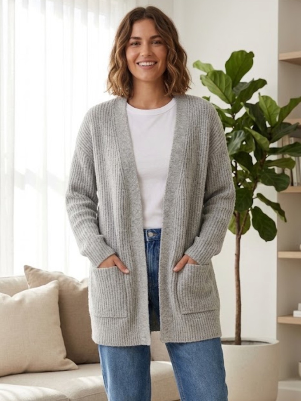 Calvin Klein Jeans Heather Gray Ribbed Open Cardigan
